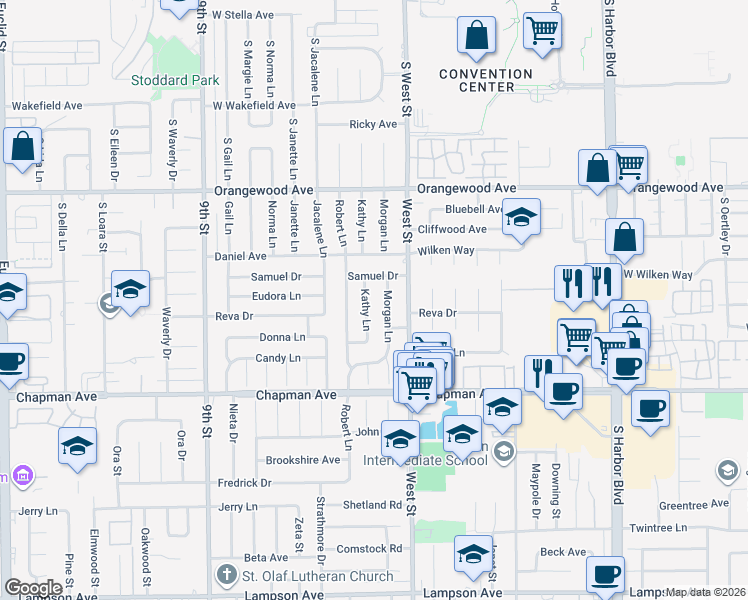 map of restaurants, bars, coffee shops, grocery stores, and more near 11762 Kathy Lane in Garden Grove
