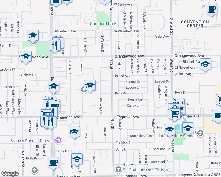 map of restaurants, bars, coffee shops, grocery stores, and more near 11462 Crissey Way in Garden Grove