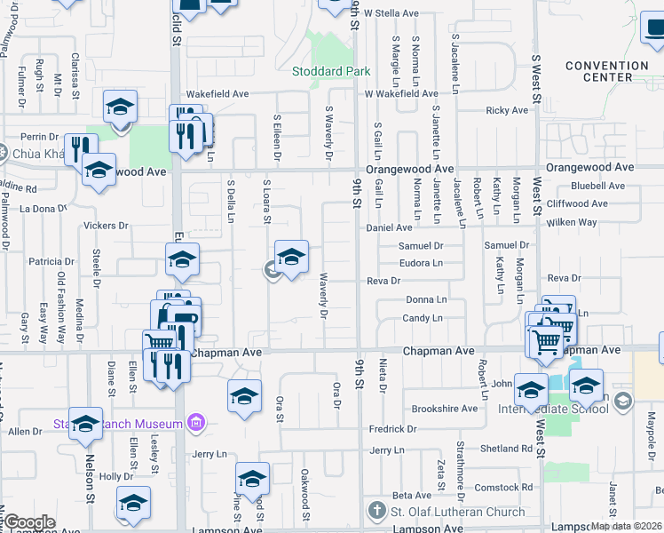 map of restaurants, bars, coffee shops, grocery stores, and more near 11771 Waverly Drive in Garden Grove