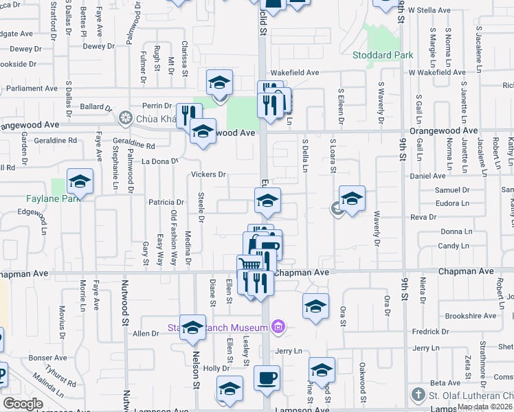 map of restaurants, bars, coffee shops, grocery stores, and more near 11752 Acorn Street in Garden Grove