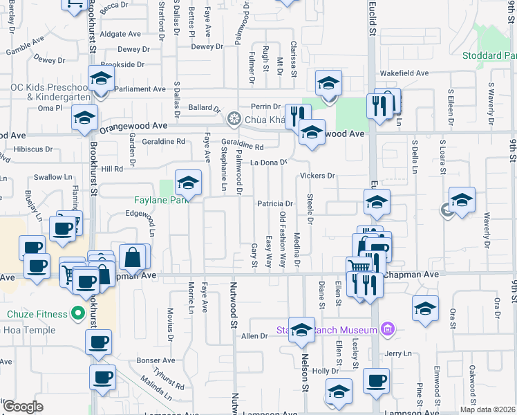 map of restaurants, bars, coffee shops, grocery stores, and more near 11751 Easy Way in Garden Grove