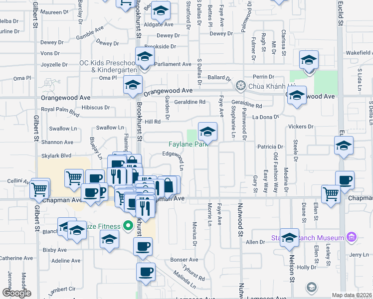 map of restaurants, bars, coffee shops, grocery stores, and more near 11751 Seacrest Drive in Garden Grove
