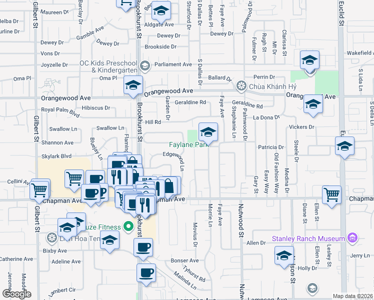 map of restaurants, bars, coffee shops, grocery stores, and more near 11751 Seacrest Drive in Garden Grove