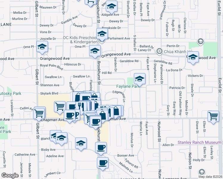 map of restaurants, bars, coffee shops, grocery stores, and more near 10081 Edgewood Lane in Garden Grove