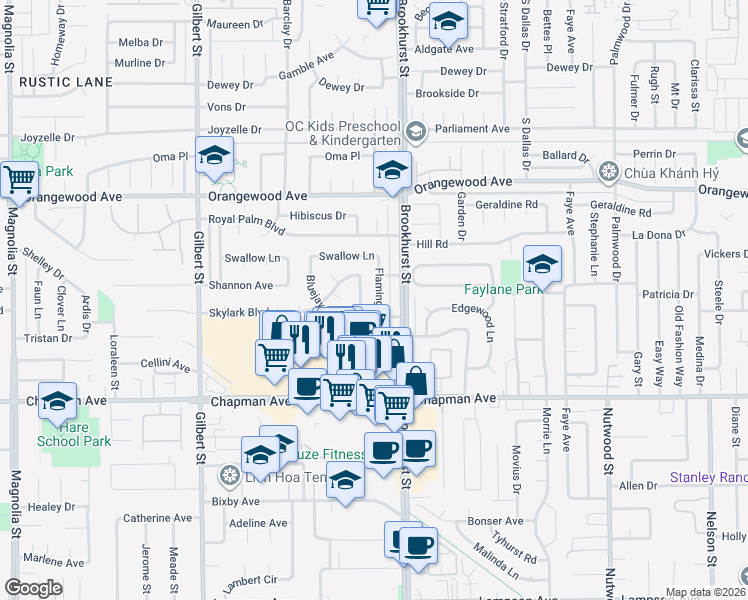 map of restaurants, bars, coffee shops, grocery stores, and more near 11741 Flamingo Drive in Garden Grove