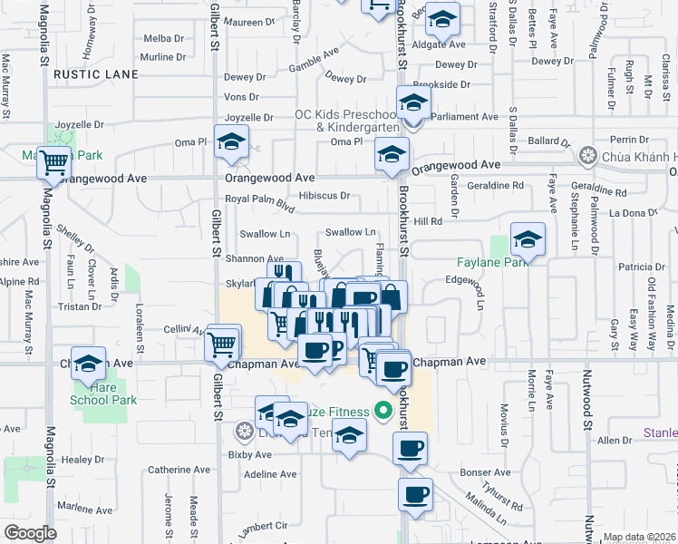 map of restaurants, bars, coffee shops, grocery stores, and more near 9814 Grouse Court in Garden Grove