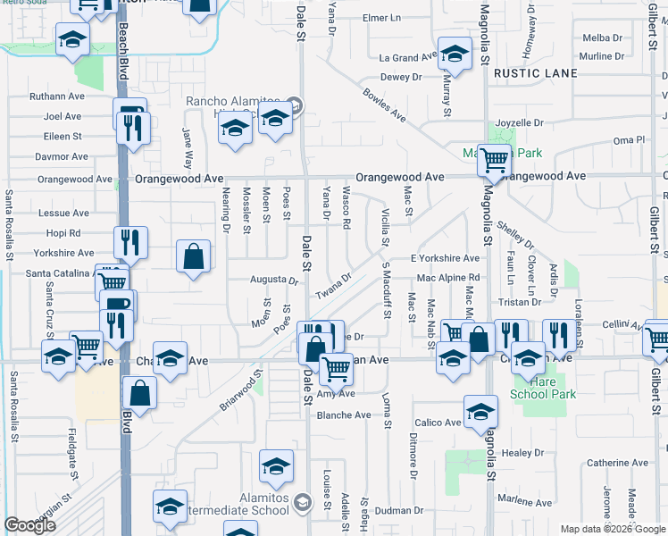 map of restaurants, bars, coffee shops, grocery stores, and more near 8591 Twana Drive in Garden Grove