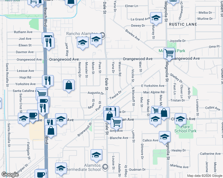 map of restaurants, bars, coffee shops, grocery stores, and more near 11732 Dale Street in Garden Grove
