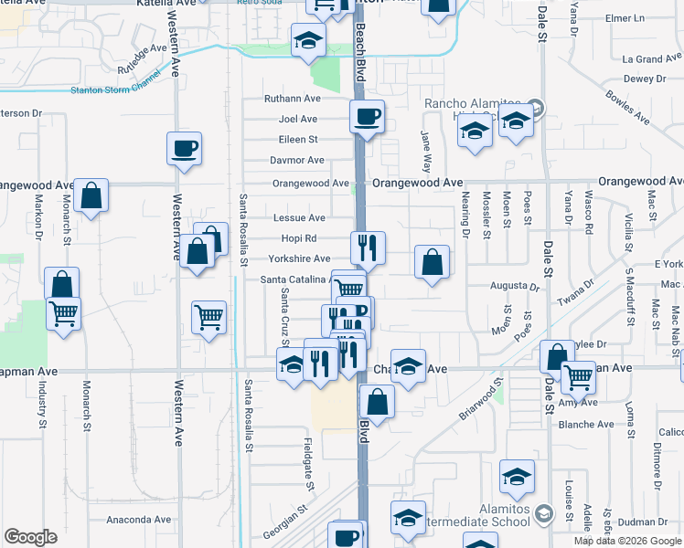 map of restaurants, bars, coffee shops, grocery stores, and more near 7891 Santa Catalina Avenue in Stanton