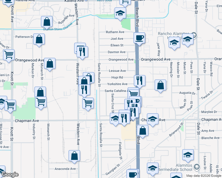 map of restaurants, bars, coffee shops, grocery stores, and more near 7721 Santa Catalina Avenue in Stanton