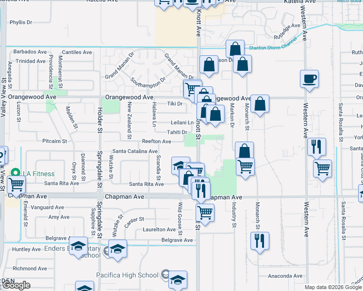 map of restaurants, bars, coffee shops, grocery stores, and more near 6912 Reefton Avenue in Cypress