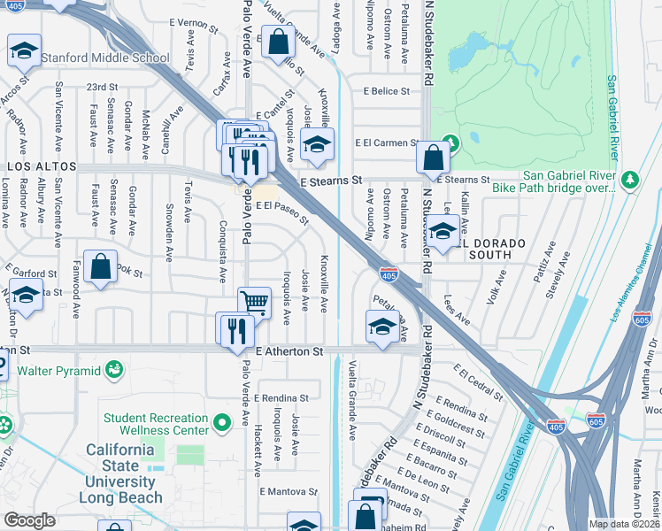 map of restaurants, bars, coffee shops, grocery stores, and more near 1960 Knoxville Avenue in Long Beach