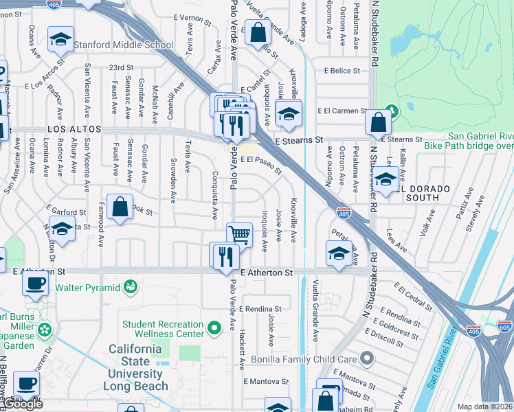 map of restaurants, bars, coffee shops, grocery stores, and more near 6430 East Los Santos Drive in Long Beach