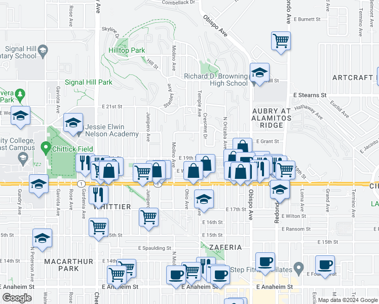 map of restaurants, bars, coffee shops, grocery stores, and more near 1903 Temple Avenue in Signal Hill