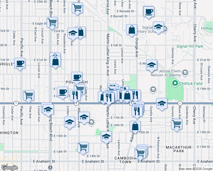 map of restaurants, bars, coffee shops, grocery stores, and more near 1936 Martin Luther King Junior Avenue in Long Beach