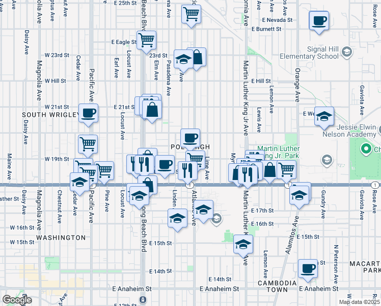 map of restaurants, bars, coffee shops, grocery stores, and more near 1909 Atlantic Avenue in Long Beach