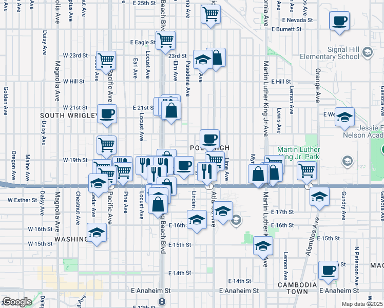 map of restaurants, bars, coffee shops, grocery stores, and more near 525 East 19th Street in Long Beach
