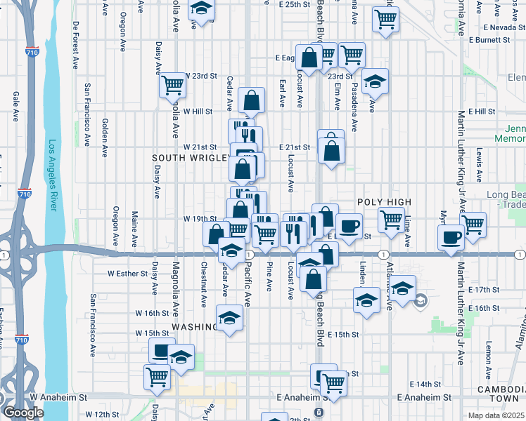 map of restaurants, bars, coffee shops, grocery stores, and more near 1907 Pine Avenue in Long Beach