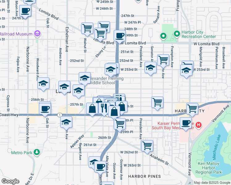 map of restaurants, bars, coffee shops, grocery stores, and more near 25511 South Western Avenue in Lomita