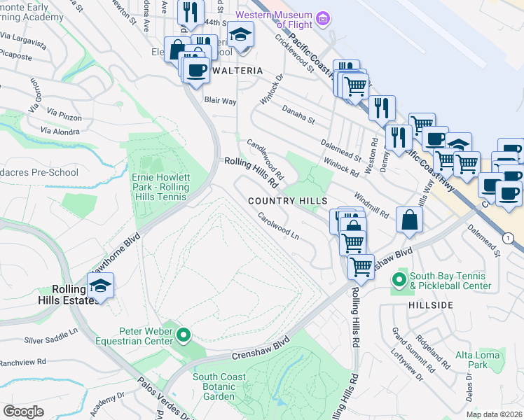 map of restaurants, bars, coffee shops, grocery stores, and more near 3206 Carolwood Lane in Torrance