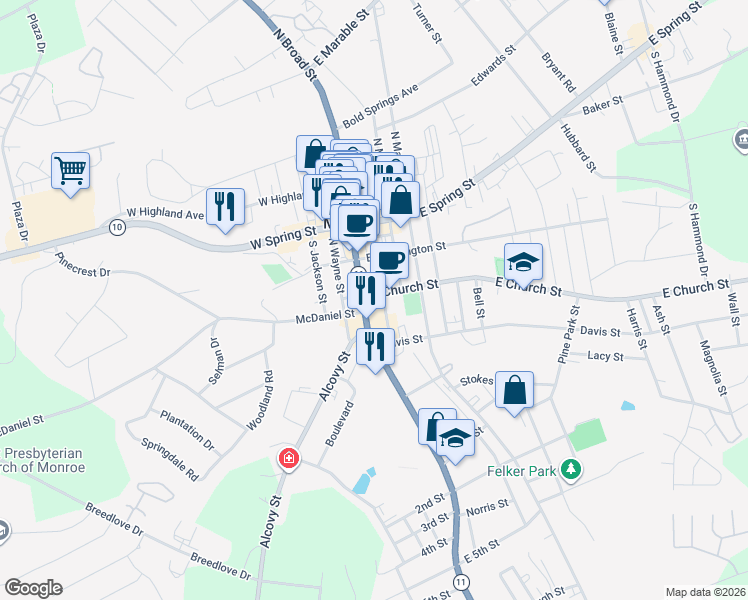 map of restaurants, bars, coffee shops, grocery stores, and more near in Monroe