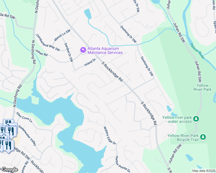map of restaurants, bars, coffee shops, grocery stores, and more near 5150 Rock Place Drive Southwest in Stone Mountain