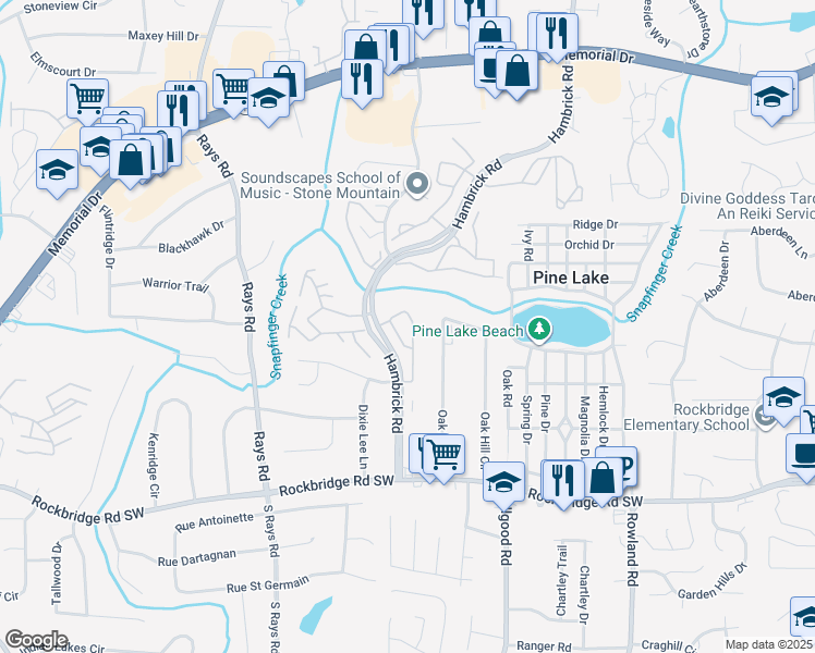 map of restaurants, bars, coffee shops, grocery stores, and more near 4386 Village Square Lane in Stone Mountain