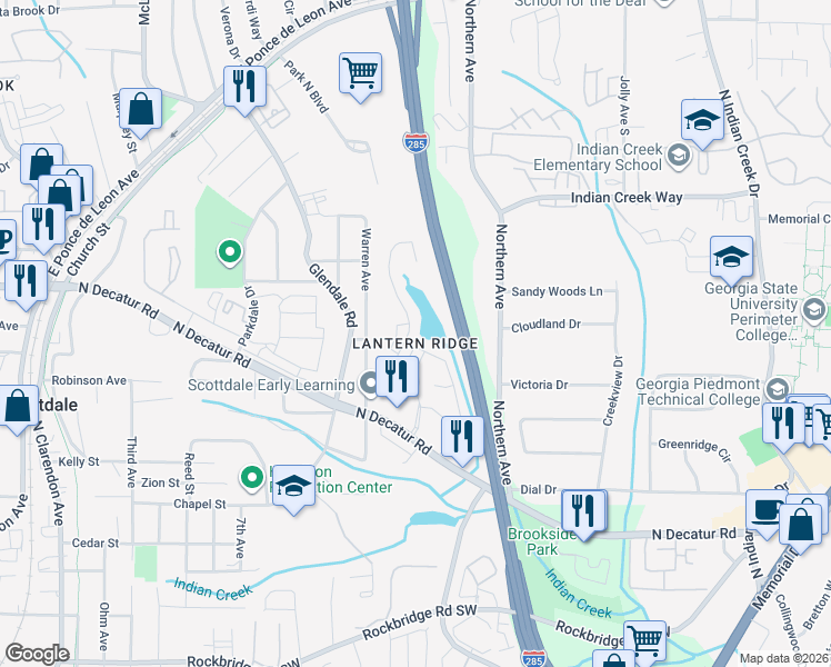 map of restaurants, bars, coffee shops, grocery stores, and more near 3389 Lantern View Lane in Scottdale