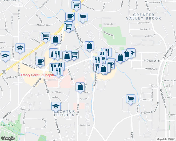 map of restaurants, bars, coffee shops, grocery stores, and more near 1102 Stratford Commons in Decatur
