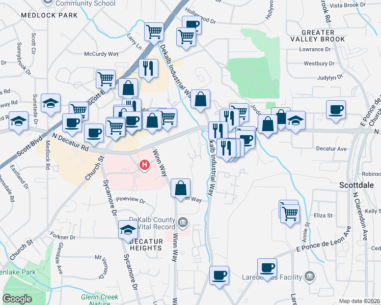 map of restaurants, bars, coffee shops, grocery stores, and more near 1102 Stratford Commons in Decatur