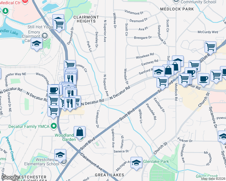map of restaurants, bars, coffee shops, grocery stores, and more near 2302 North Decatur Road in Decatur