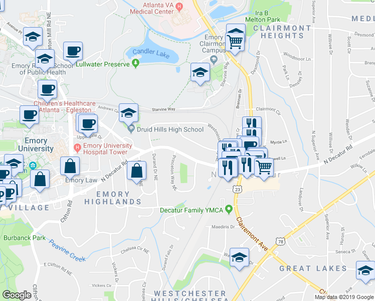 map of restaurants, bars, coffee shops, grocery stores, and more near 1982 North Decatur Road in Atlanta