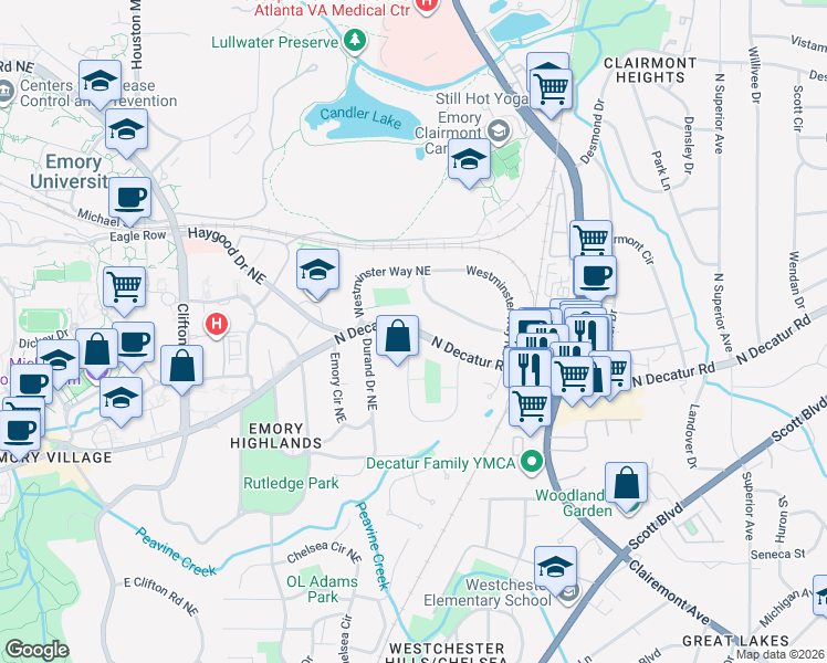 map of restaurants, bars, coffee shops, grocery stores, and more near in Druid Hills
