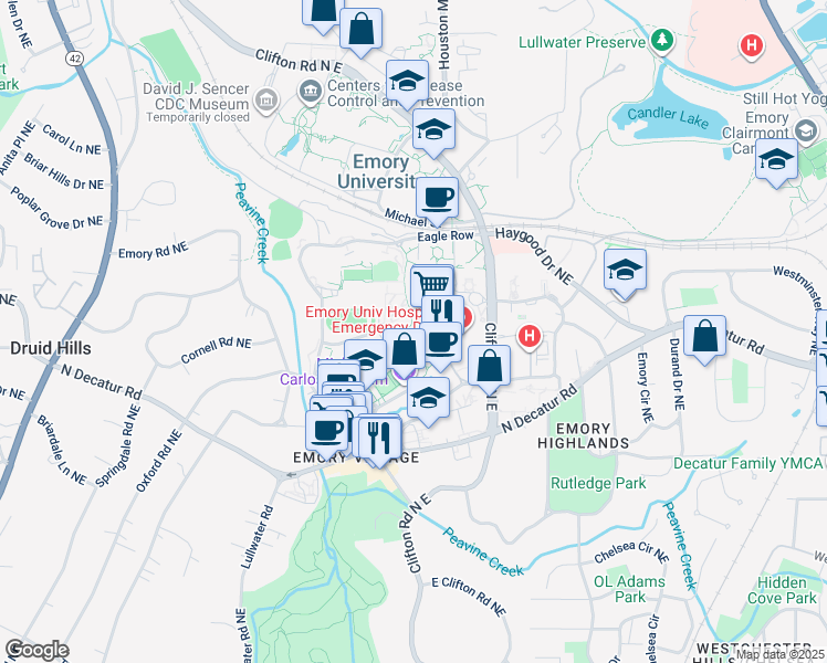 map of restaurants, bars, coffee shops, grocery stores, and more near 586 Asbury Circle in Atlanta
