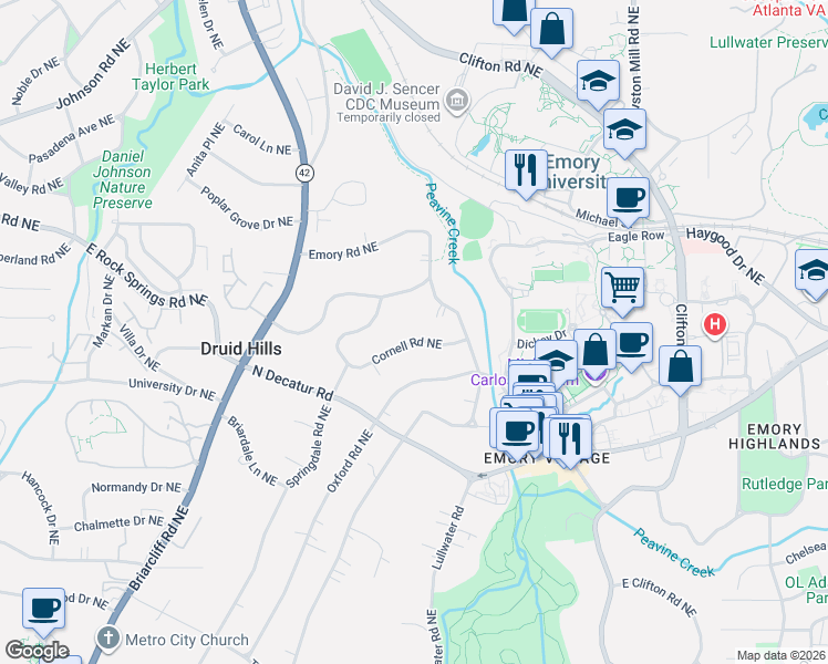 map of restaurants, bars, coffee shops, grocery stores, and more near 1428 Cornell Road Northeast in Atlanta