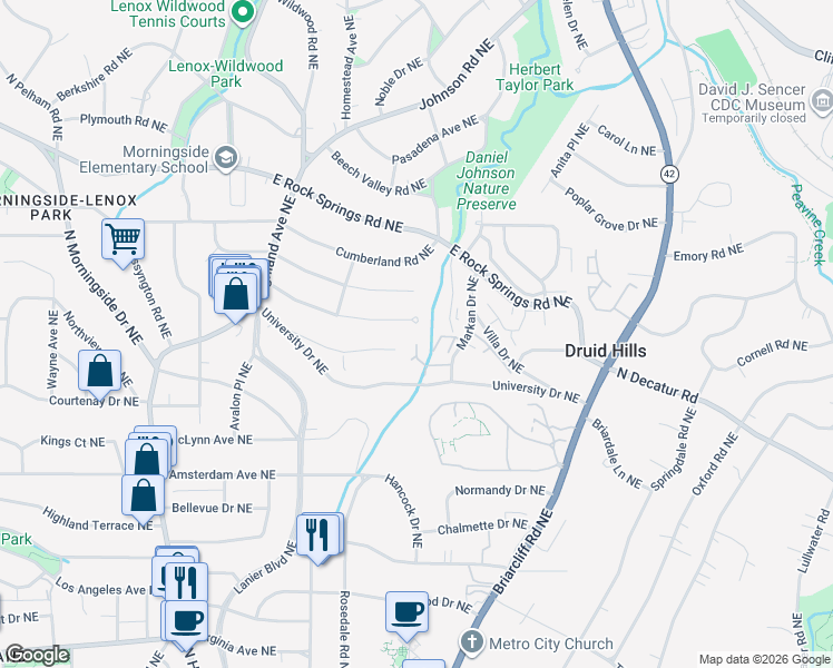 map of restaurants, bars, coffee shops, grocery stores, and more near 1068 Woodbridge Hollow Northeast in Atlanta