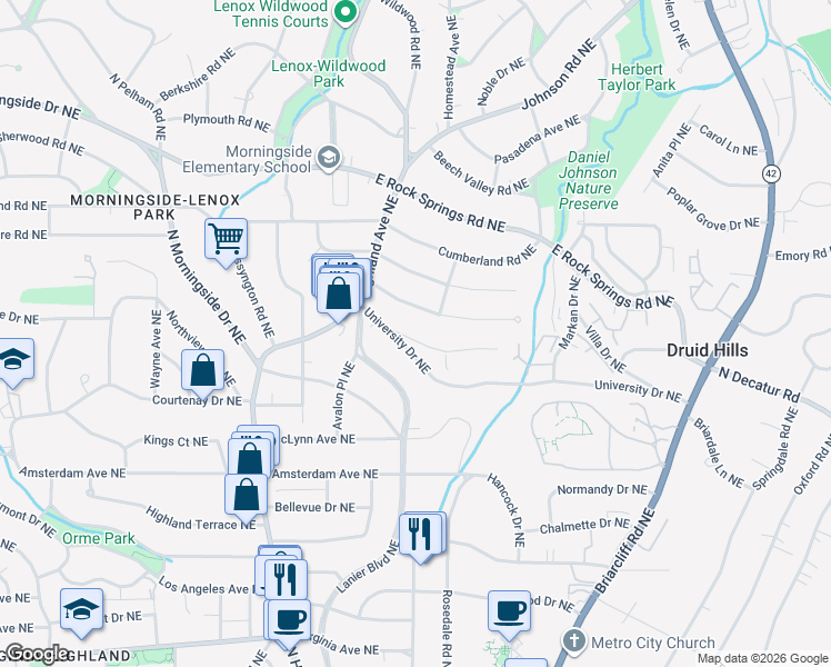 map of restaurants, bars, coffee shops, grocery stores, and more near 1146 Spring Valley Lane Northeast in Atlanta