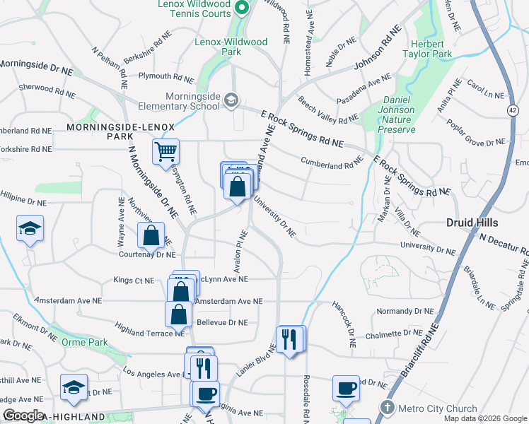 map of restaurants, bars, coffee shops, grocery stores, and more near 1115 University Drive Northeast in Atlanta