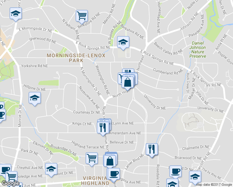 map of restaurants, bars, coffee shops, grocery stores, and more near 1356 North Highland Avenue Northeast in Atlanta