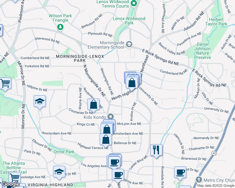 map of restaurants, bars, coffee shops, grocery stores, and more near 1356 North Highland Avenue Northeast in Atlanta