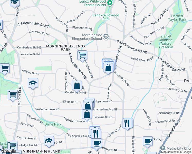 map of restaurants, bars, coffee shops, grocery stores, and more near 1356 North Highland Avenue Northeast in Atlanta
