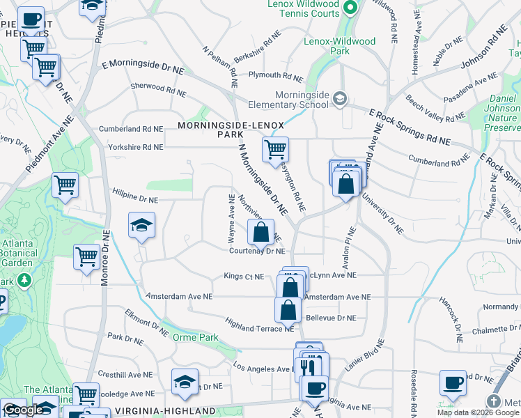 map of restaurants, bars, coffee shops, grocery stores, and more near 1390 North Morningside Drive Northeast in Atlanta