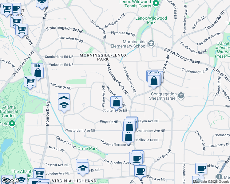 map of restaurants, bars, coffee shops, grocery stores, and more near 1367 Northview Avenue Northeast in Atlanta