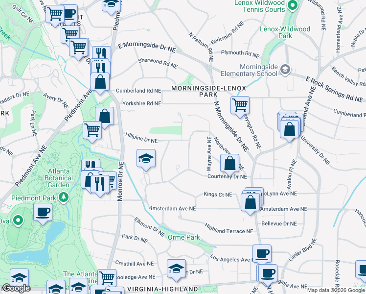 map of restaurants, bars, coffee shops, grocery stores, and more near 1366 Greenland Drive Northeast in Atlanta