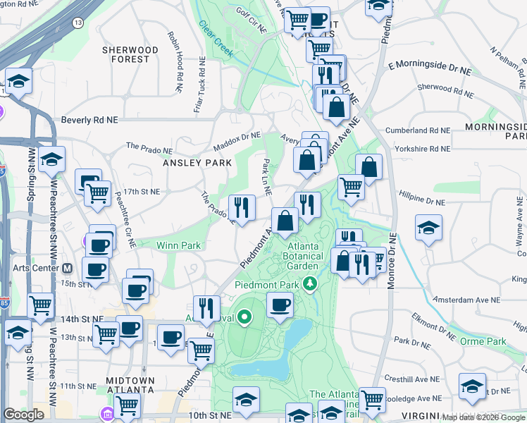 map of restaurants, bars, coffee shops, grocery stores, and more near 15 The Prado Northeast in Atlanta