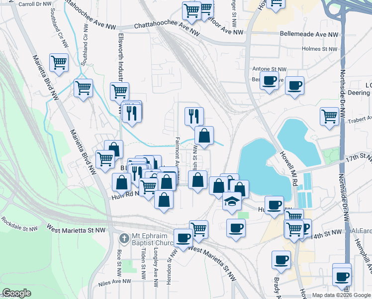 map of restaurants, bars, coffee shops, grocery stores, and more near 312 Culpepper Street Northwest in Atlanta
