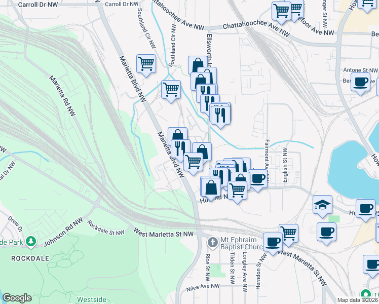 map of restaurants, bars, coffee shops, grocery stores, and more near 1269 Mackintosh Park Northwest in Atlanta