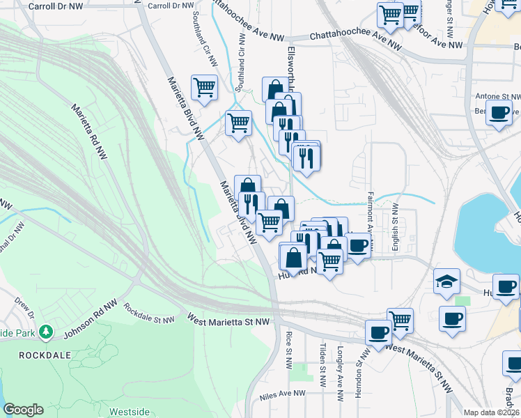 map of restaurants, bars, coffee shops, grocery stores, and more near 1269 Mackintosh Park Northwest in Atlanta
