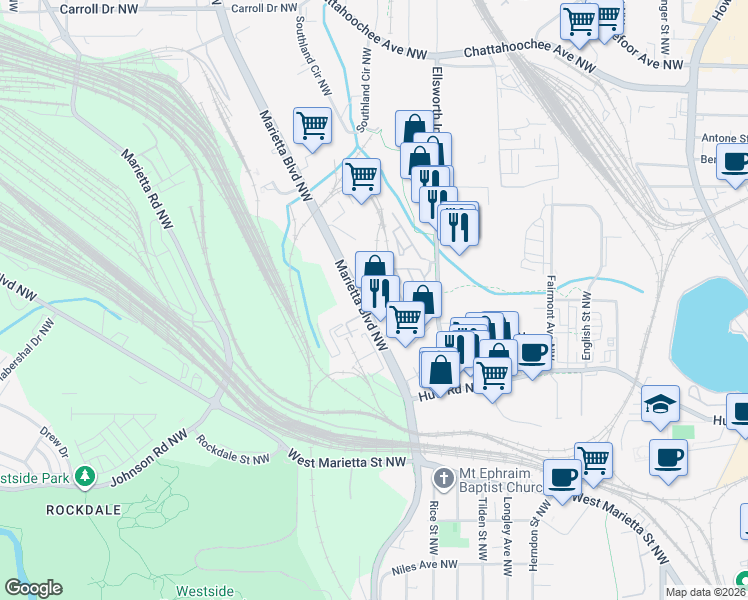map of restaurants, bars, coffee shops, grocery stores, and more near 1269 Mackintosh Park Northwest in Atlanta