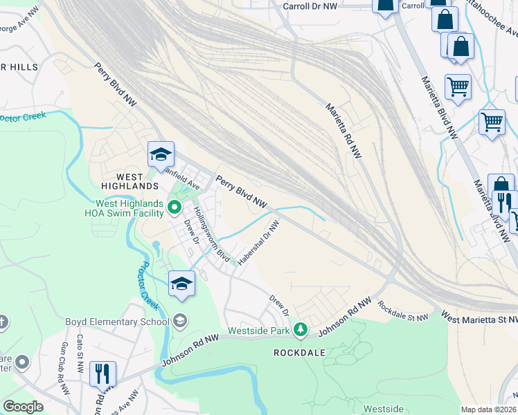 map of restaurants, bars, coffee shops, grocery stores, and more near 1624 Perry Boulevard Northwest in Atlanta